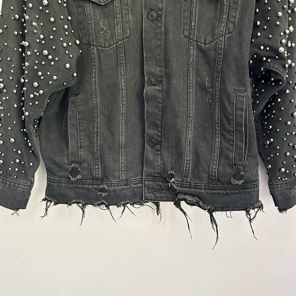 Sunset + Spring Embellished Oversized Distressed Denim Jacket Size L Black - Picture 3 of 7